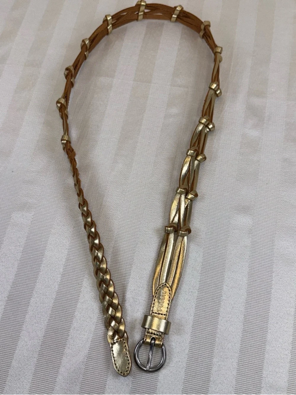 Fossil Gold Metallic Braided Leather Belt Sz-Medium